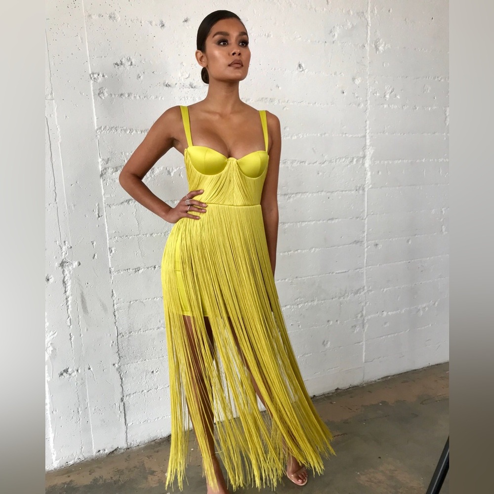 HOUSE OF CB 'Emee' Acid Yellow Satin Fringe Dress - Picture 4 of 17